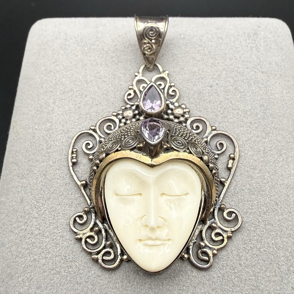 Vintage N.F. Sterling Silver 14K Gold Amethyst Bali Goddess Carved Face Pendant
